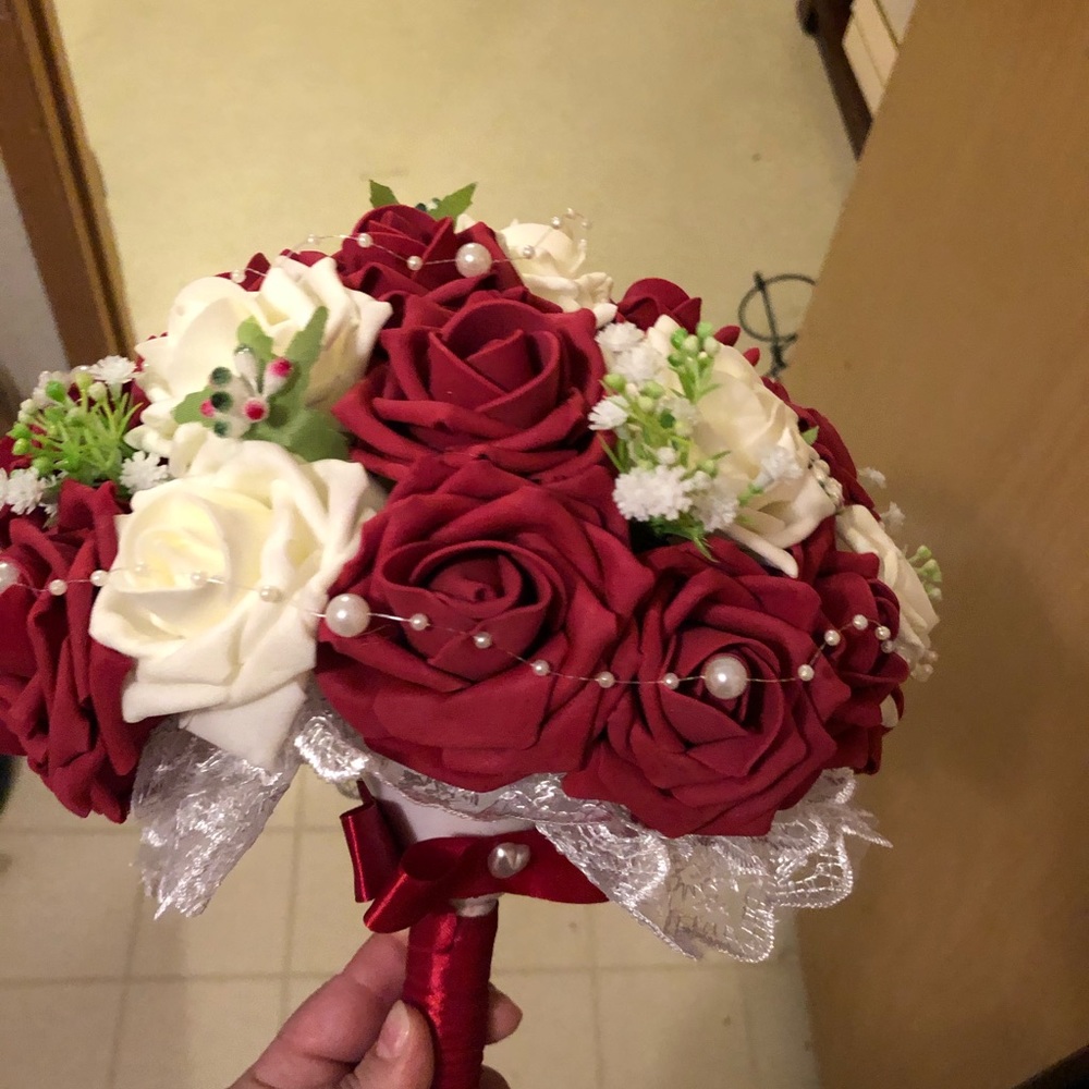 Red and White Artificial Wedding Bouquet - Picture 4 of 4